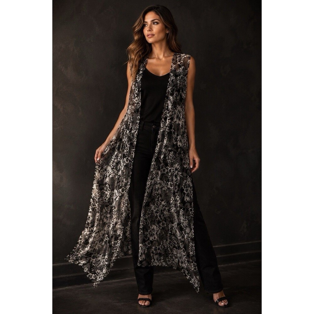 Victoria's Secret Sheer‎ Floral Kimono Duster Black White OS Swim Cover Up Vest